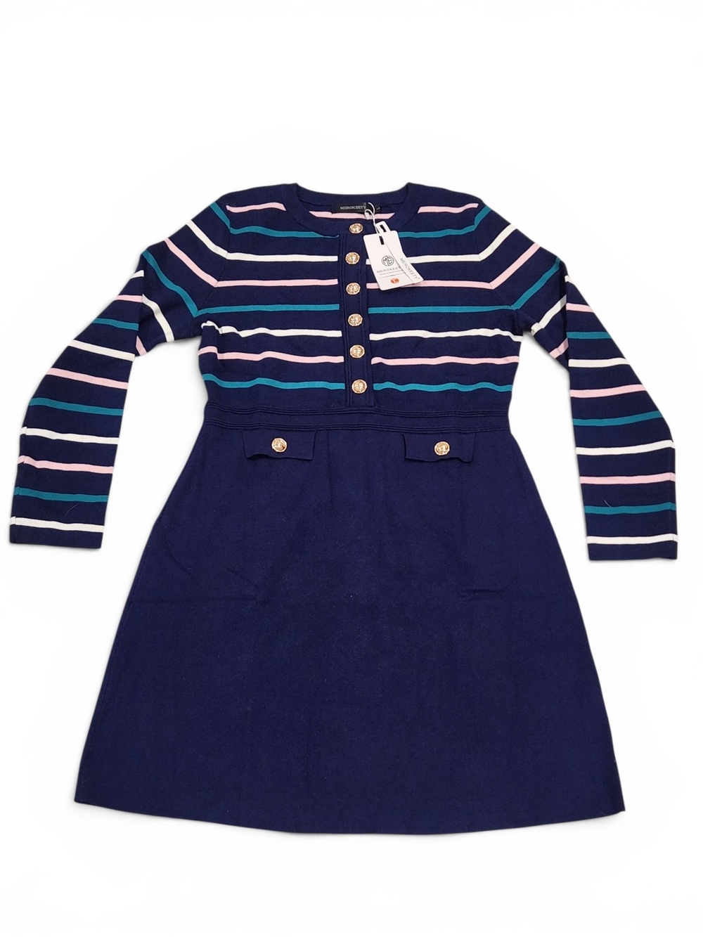 Merokeety NWT Navy Striped Knit Dress with Gold Buttons Size L